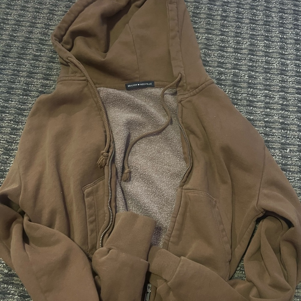 Brown Brandy Melville Cropped Zip-Up Hoodie